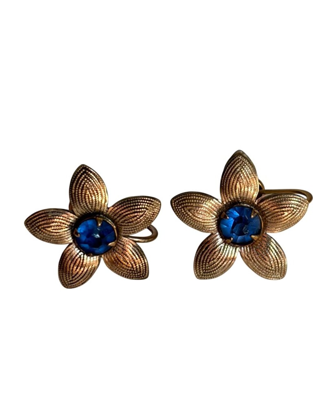 Vintage 12K GF Flower Earrings With Blue Rhinestones Screw Back Feminine Whimsy